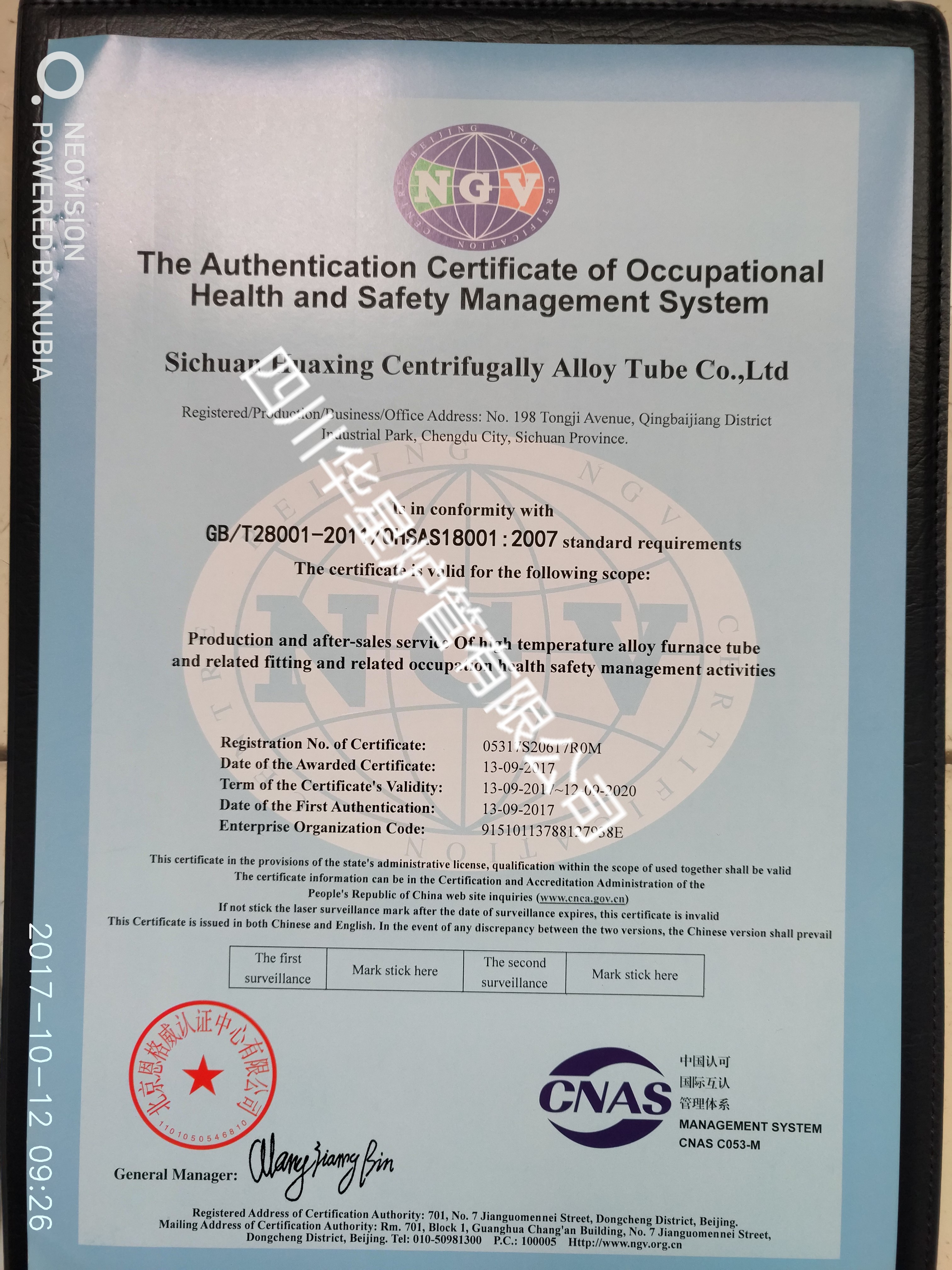 ISO9001职业健康安全管理体系证书（英文）